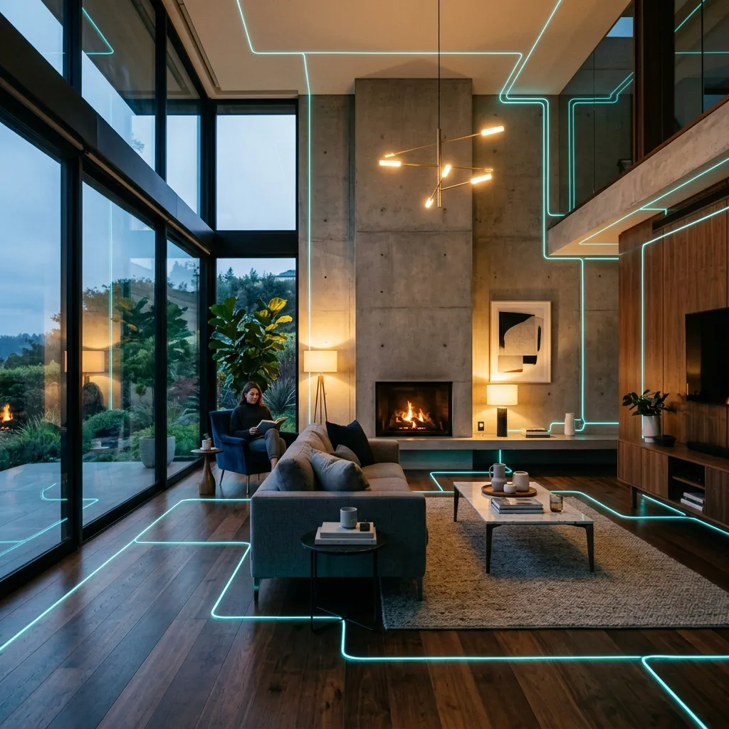 Power Pro Genius plugged into living room wall outlet beside home entertainment setup